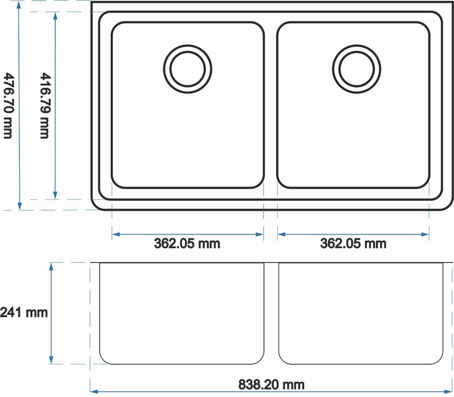 Black Kitchen Sink Granite Stone Under Mount Double Bowls 838*476*241mm