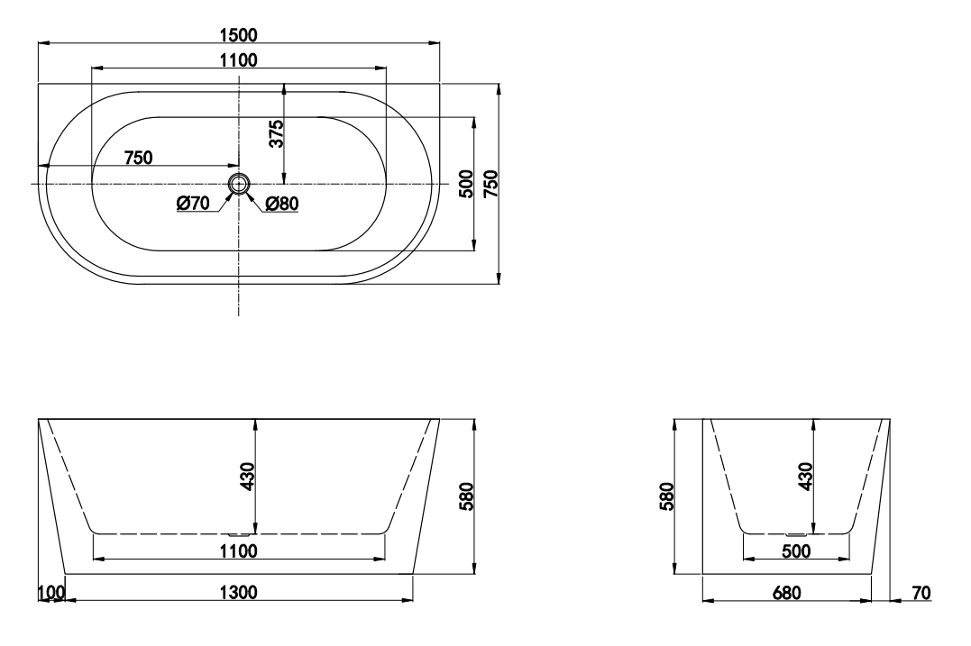 1500x750x580mm Jade Fluted Back to Wall Matte White
