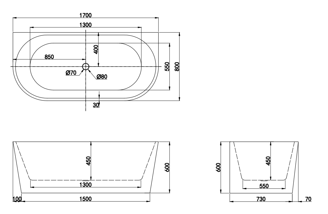 1700x800x600mm Jade Fluted Back to Wall Matte Black
