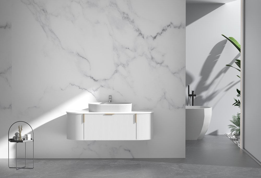 1200MM Carysil Opal Fluted Matte White Wall Hung Vanity  (Stone Top and Brushed Gold Handle Included)
