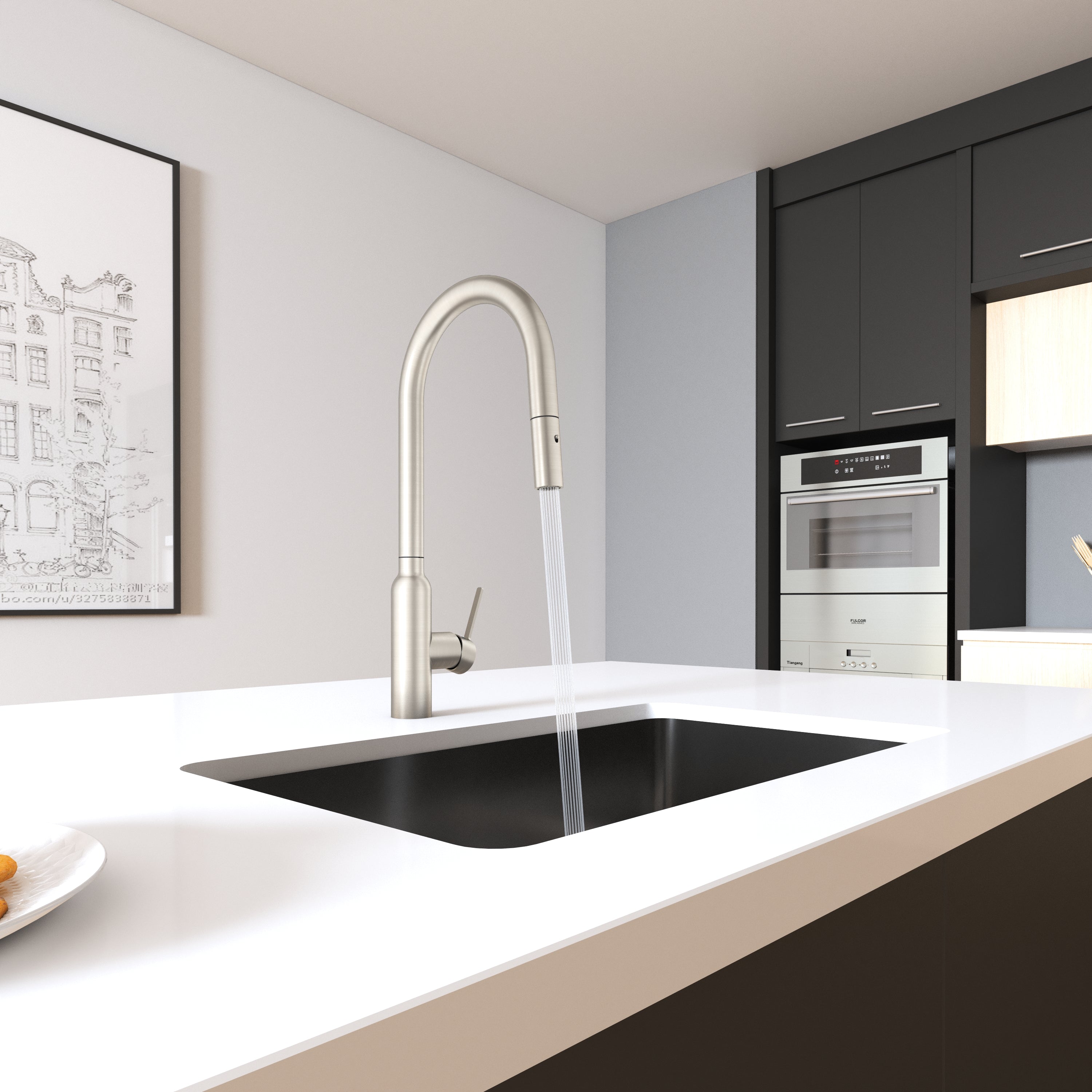 Navona Carysil Round Brushed Nickel Pull Out Kitchen Mixer