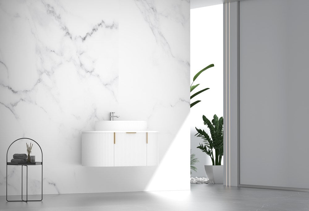 900MM Carysil Opal Fluted Matte White Wall Hung Vanity  (Stone Top and Brushed Gold Handle Included)