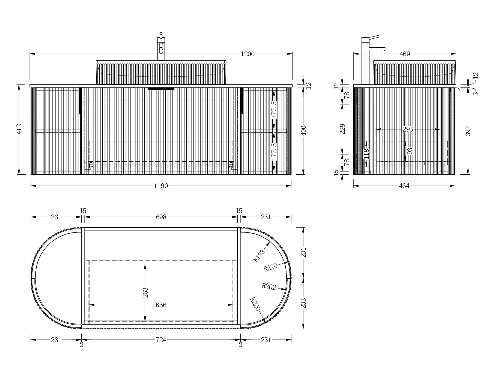 Navona CARYSIL 1200mm Fluted Wall Hung Vanity 1200 x 469 x 412mm