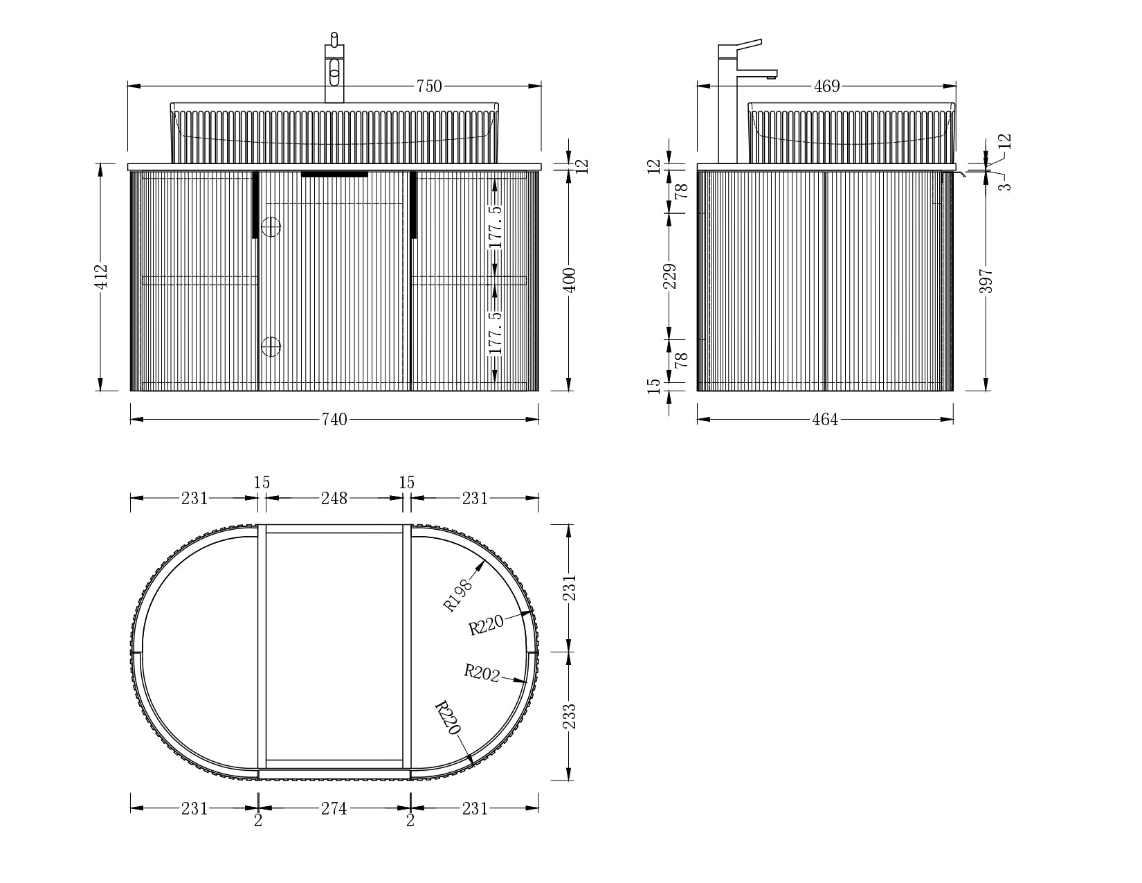 Navona Carysil 750mm Fluted Wall Hung Vanity 750 x 469 x 412mm