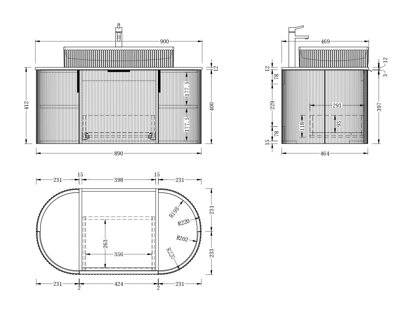 Navona Carysil 900mm Fluted Wall Hung Vanity  900 x 469 x 412mm