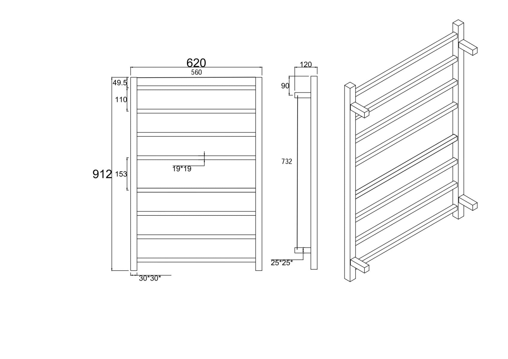 Square Black Electric Heated Towel Rack 8 Bars