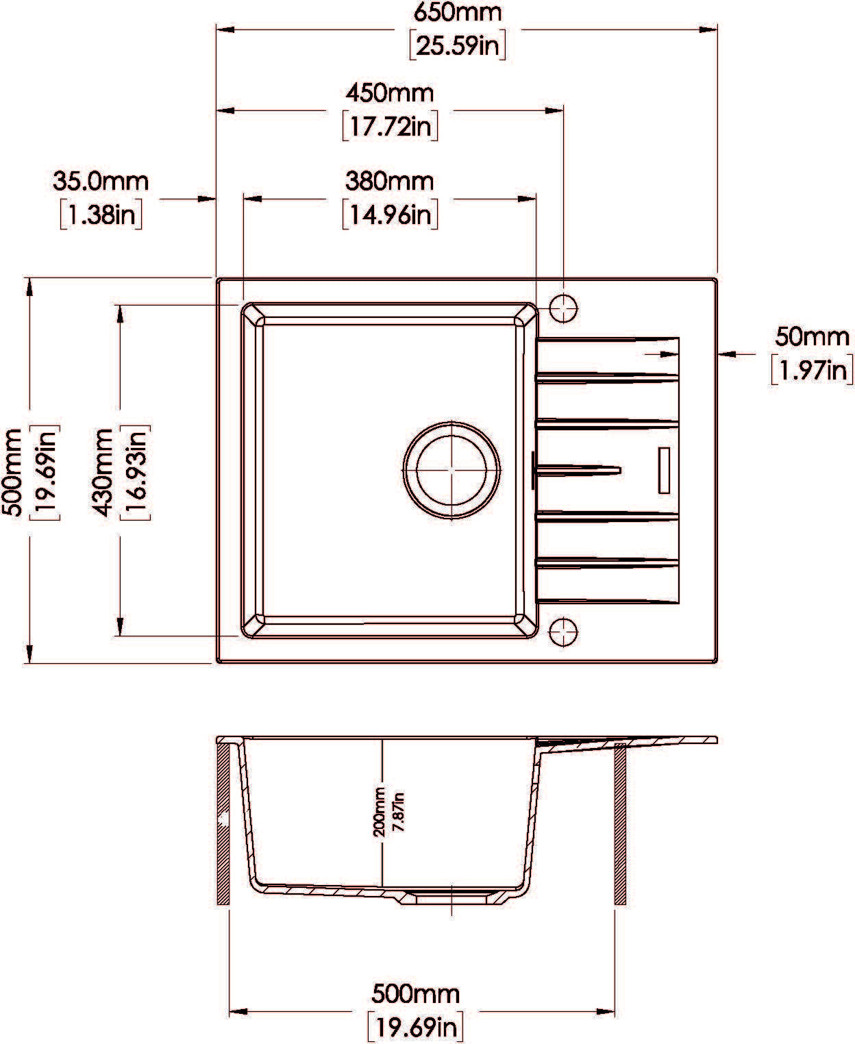 Carysil City Single Bowl with Drainer Granite Kitchen Sink 650*500mm
