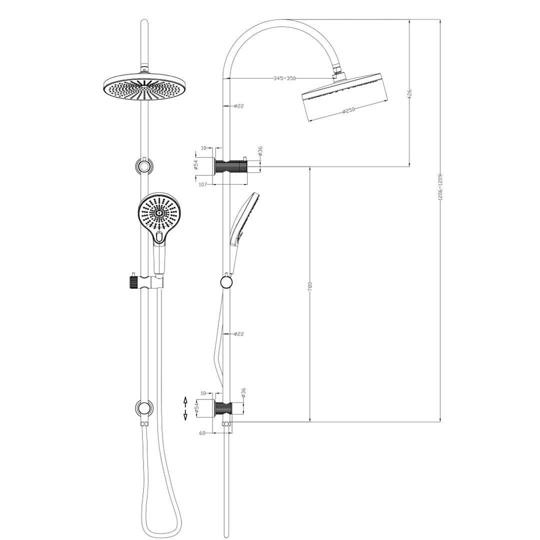 Mica Fluted Gooseneck Dual Shower