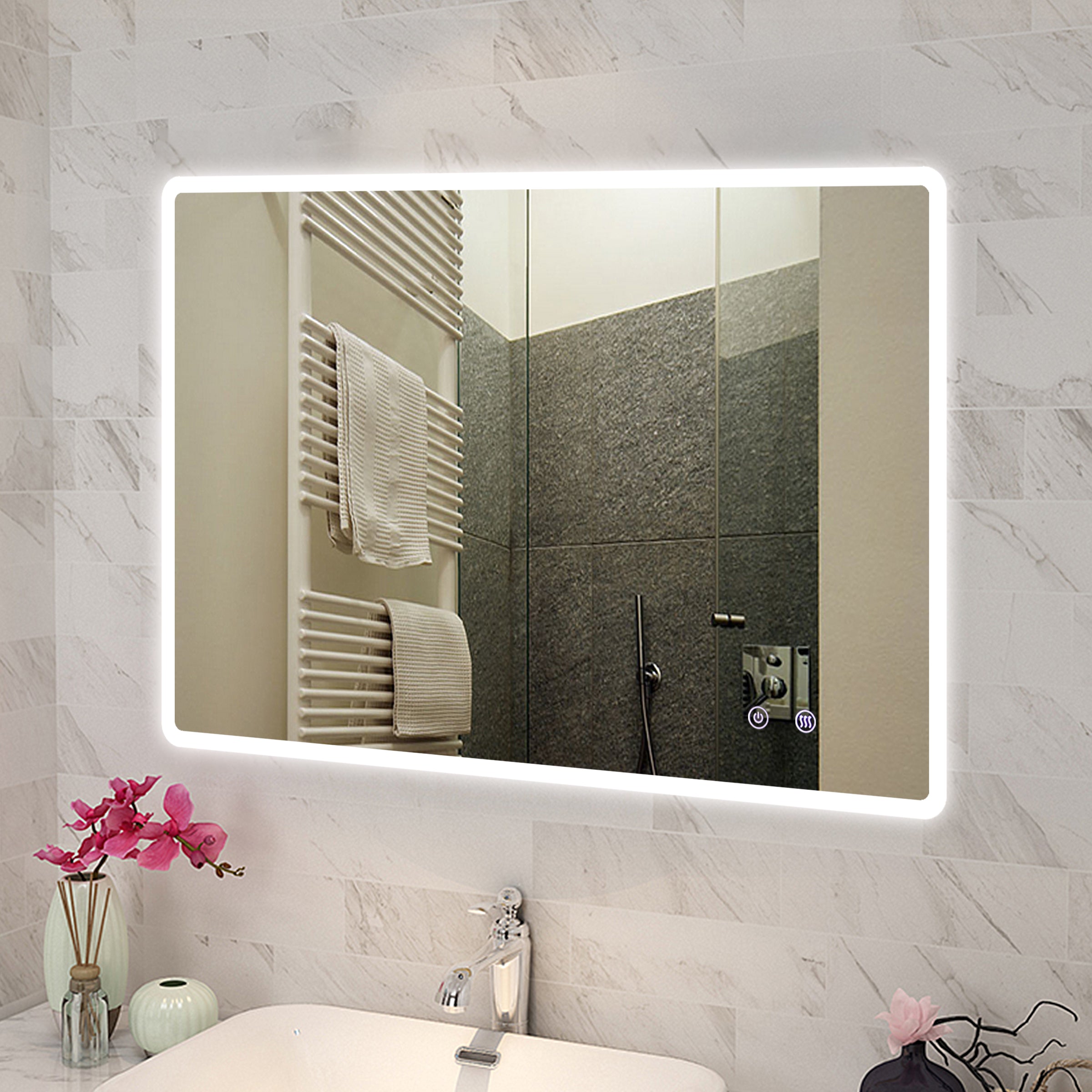1200x800mm Curved Rim Rectangle 3 Color Lighting LED Mirror Touch Sensor Switch Defogger Pad Wall Mounted Vertical or Horizontal