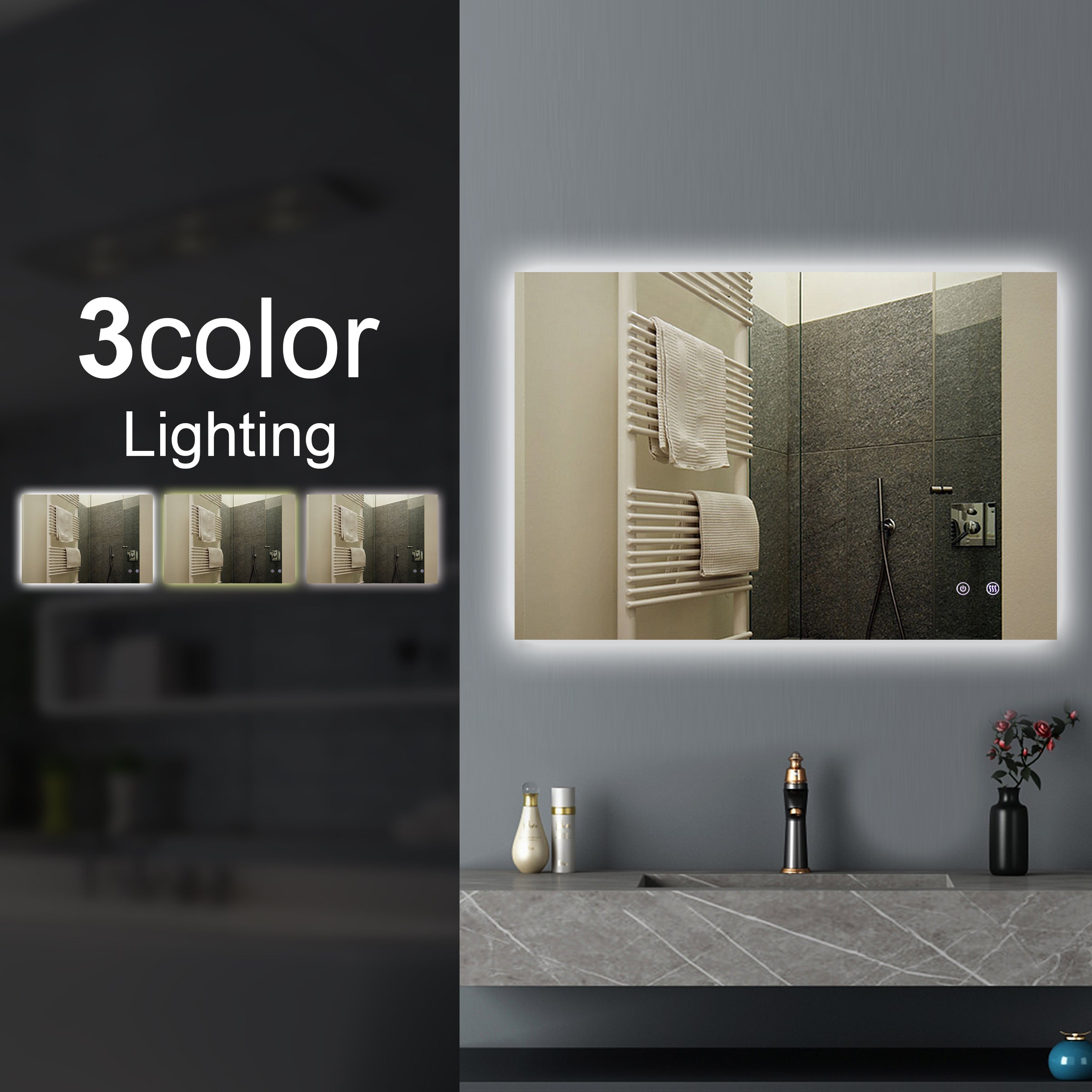 1200*800mmSharp Edge 3 Color Lighting Backlit LED Mirror Touch Sensor Switch Defogger Pad Wall Mounted Vertical or Horizontal