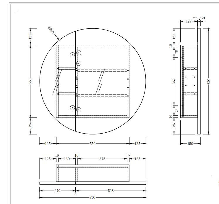 CARYSIL Orbit Series Round  800x800mm Matte White Shaving Cabinet