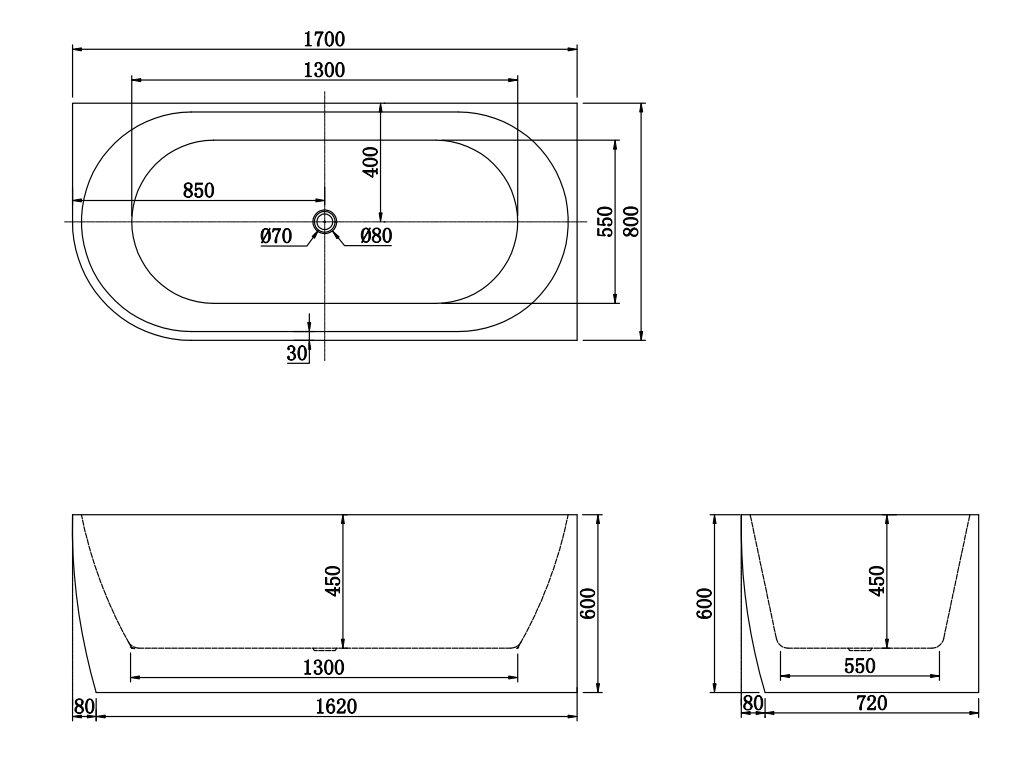 1700x800x600mm Gina Fluted Right Corner
