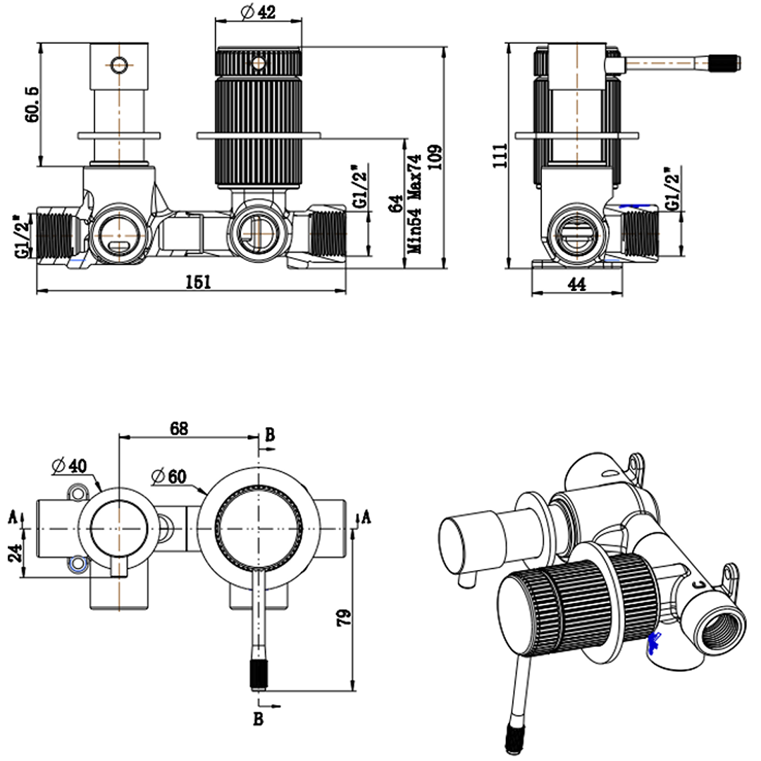 Mica Fluted Sideways Shower Mixer Diverter