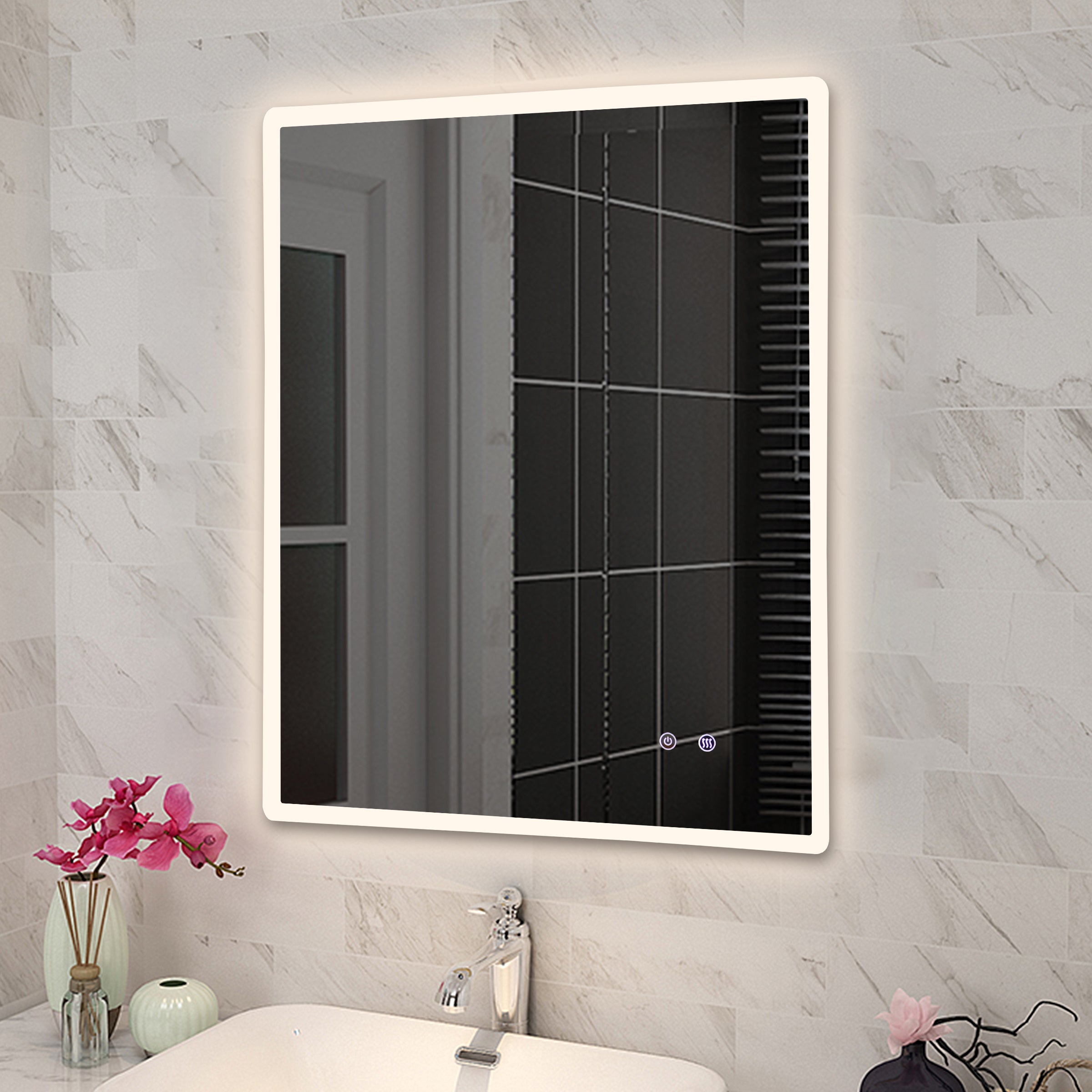 600*750mm 3 Color Lighting Front lit LED Mirror Touch Sensor Switch Defogger Pad Wall Mounted Vertical or Horizontal