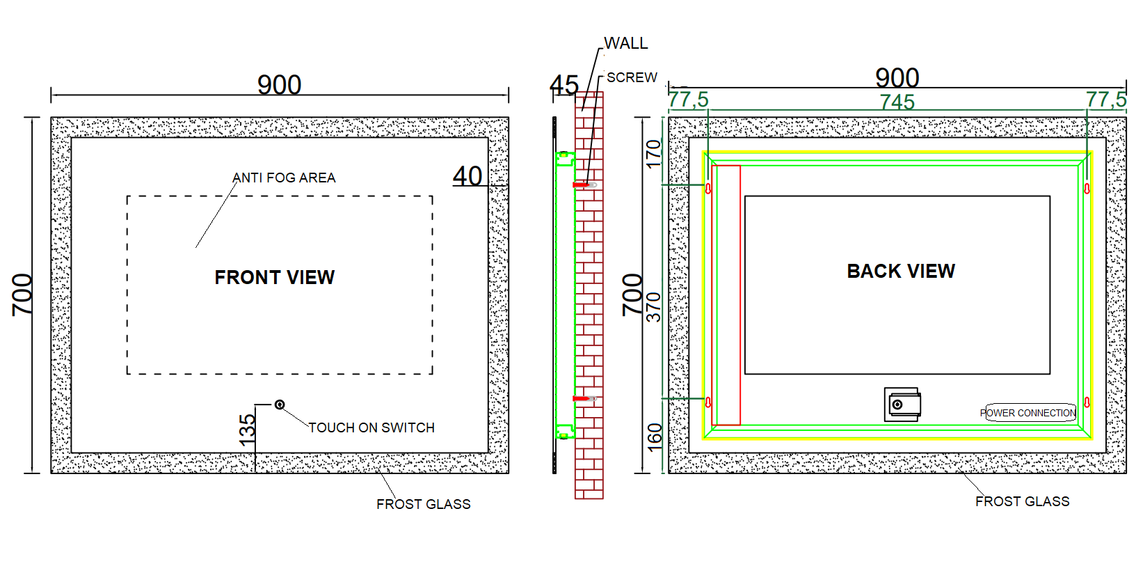 TE607 - Anti Fog Mirror with LED Light and Touch-on Switch  900W*700H