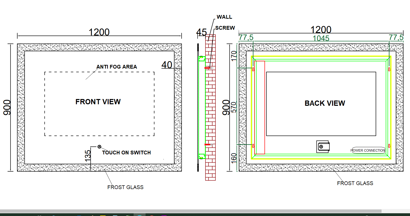 TE608 - Anti Fog Mirror with LED Light and Touch-on Switch 1200W*900H
