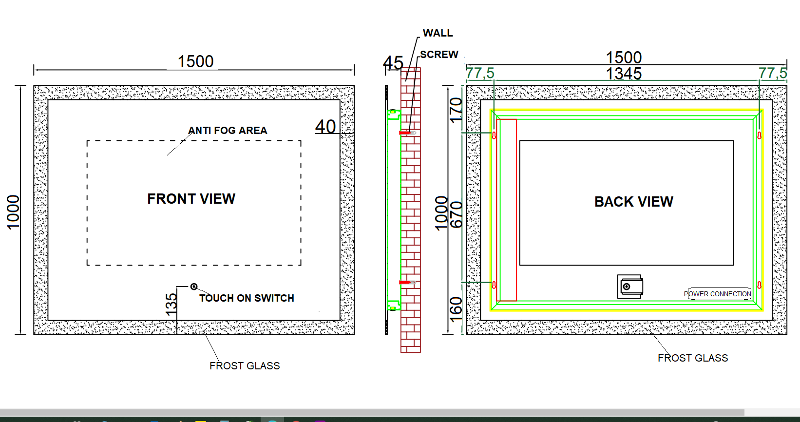 TE609 - Anti Fog Mirror with LED Light and Touch-on Switch 1500W*1000H