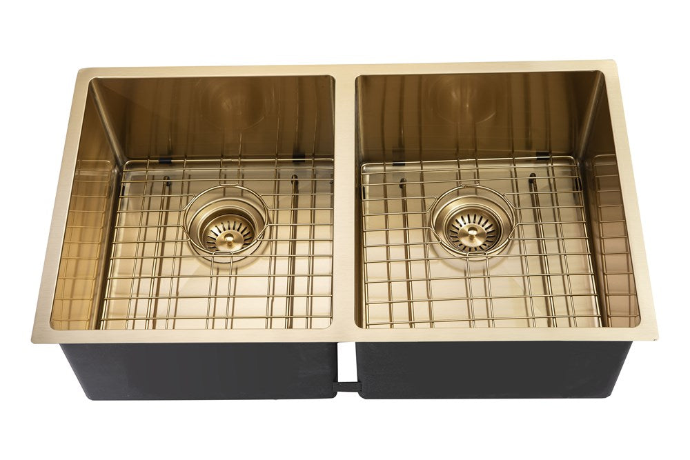 304 Stainless Steel Gold Hand-made Double Bowl Kitchen Sink 820*457*230mm