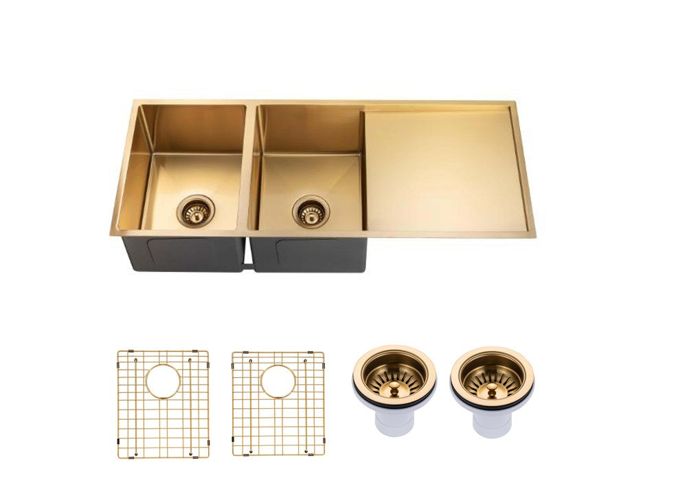 304 Stainless Steel Hand-made Brushed Yellow Gold Double Bowl Kitchen Sink(Round Edges) 1160*460*230mm(with Drainer)