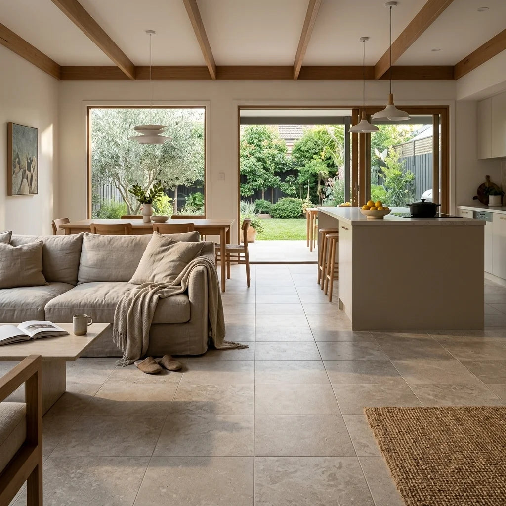 BHCA1 Classic 610x610x12mm — open-plan living + dining + kitchen