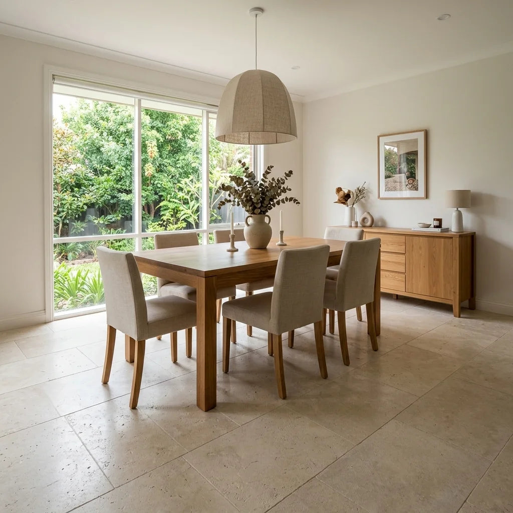 BHCA11 Crema Siena Tumbled &amp; Sandblasted Limestone 610x406x12 — dining room