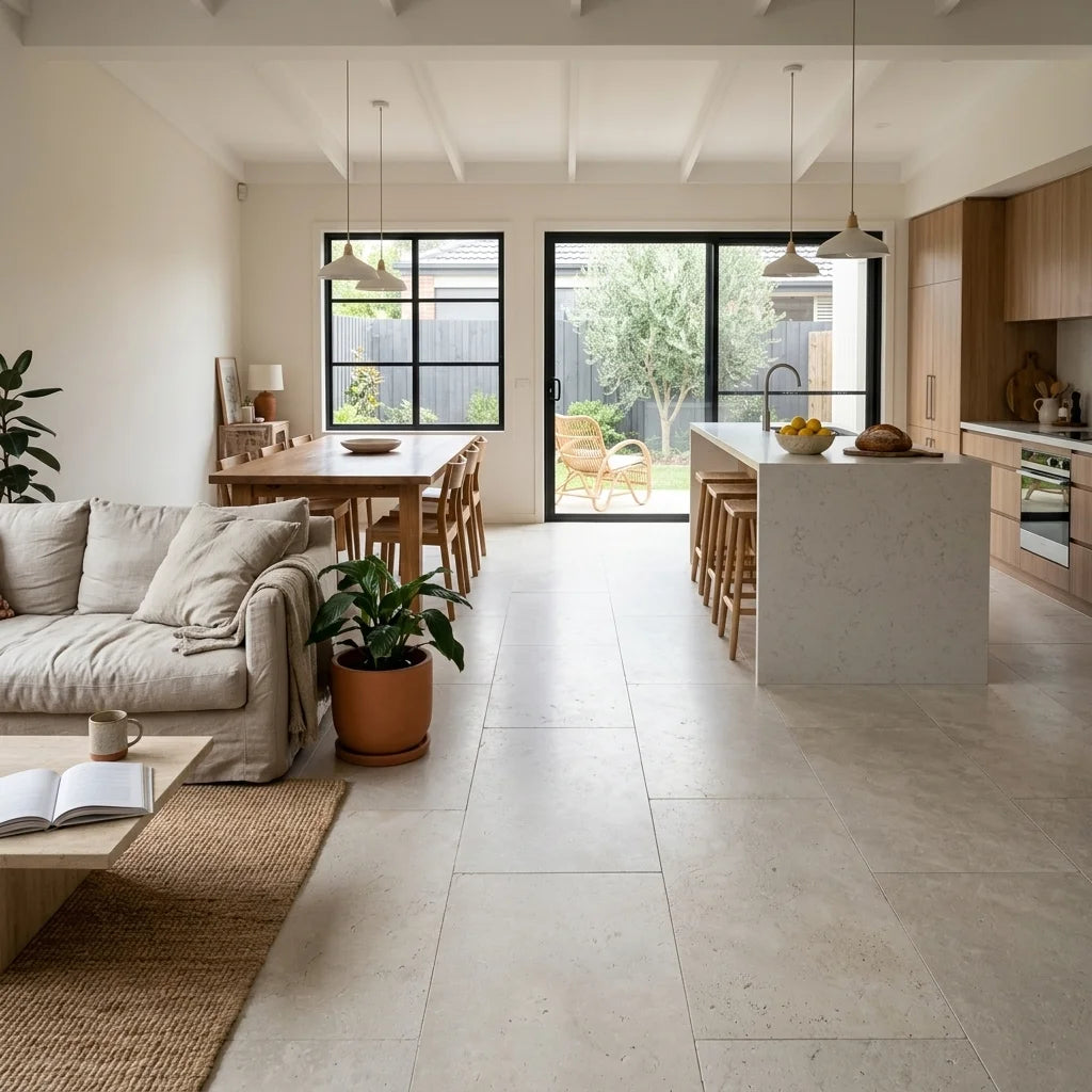 BHCA11 Crema Siena Tumbled &amp; Sandblasted Limestone 610x406x12 — open-plan living + dining + kitchen