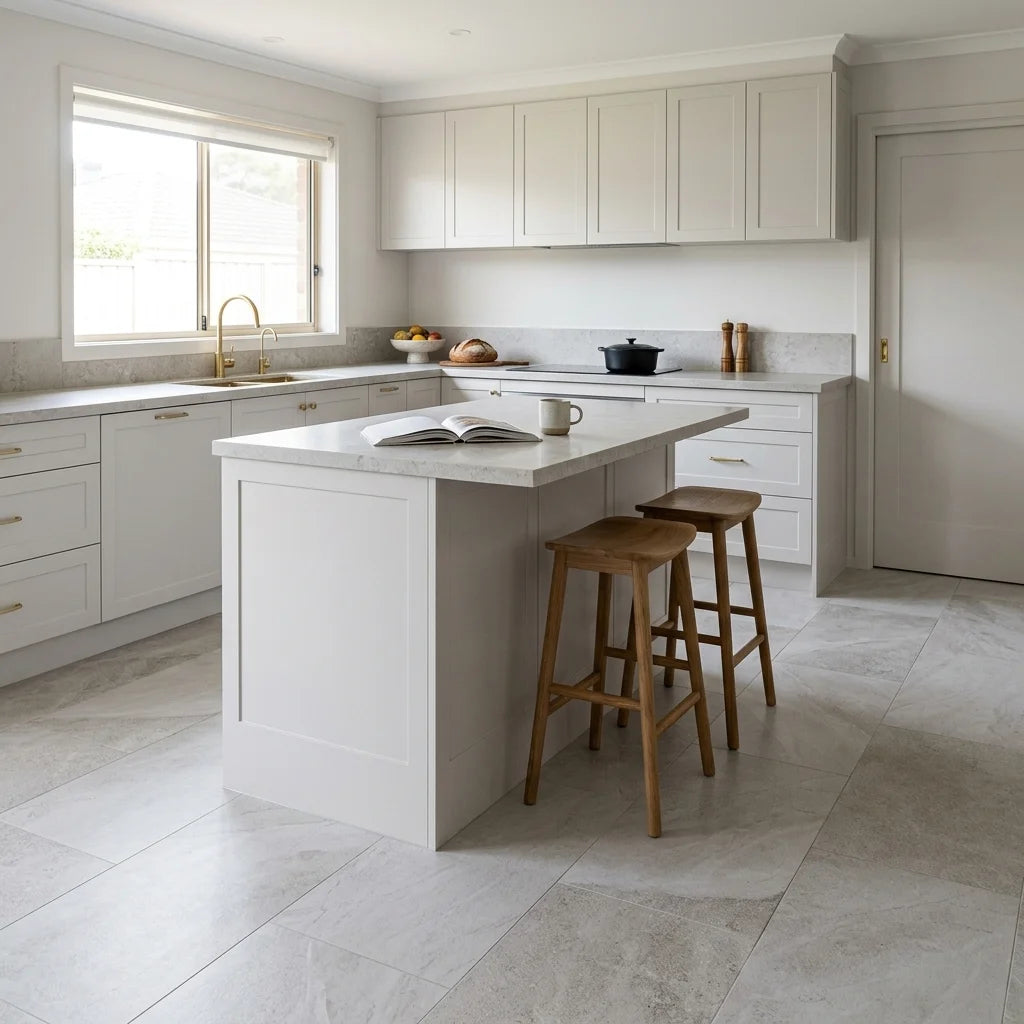 BHCA13 Bianca Perla Honed Marble 914x457x15 — open-plan kitchen
