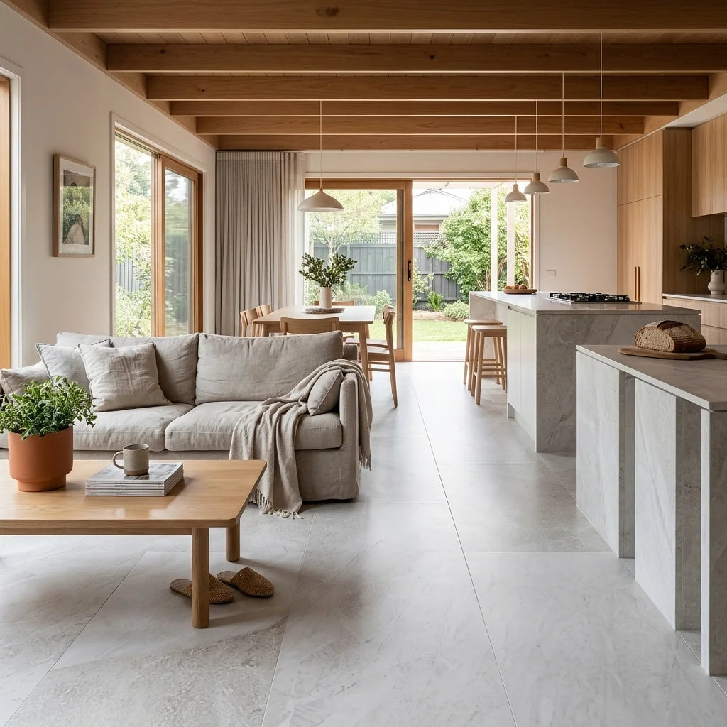 BHCA13 Bianca Perla Honed Marble 914x457x15 — open-plan living + dining + kitchen