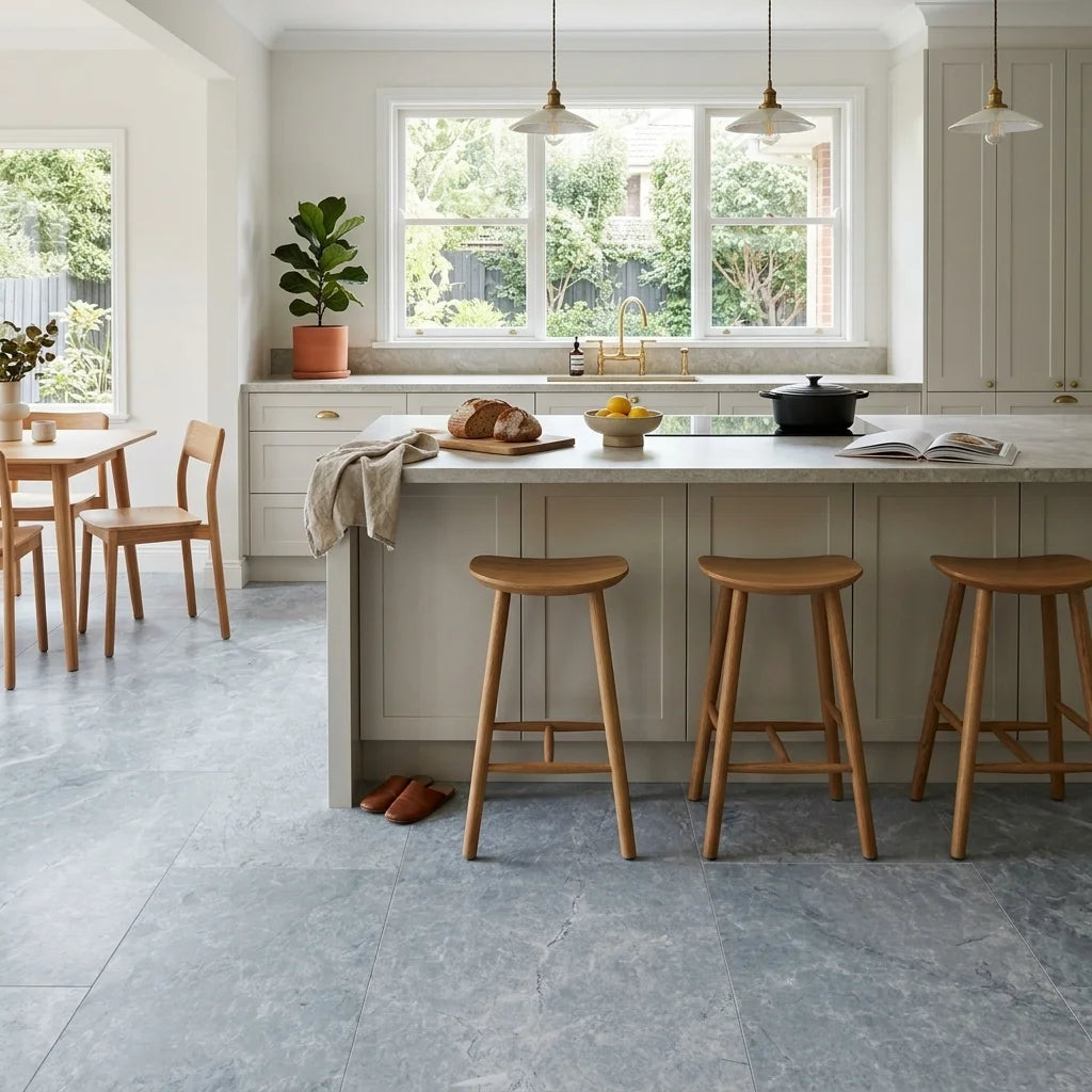 BHCA15 Tundra Blue Honed Marble 914x457x15 — open-plan kitchen