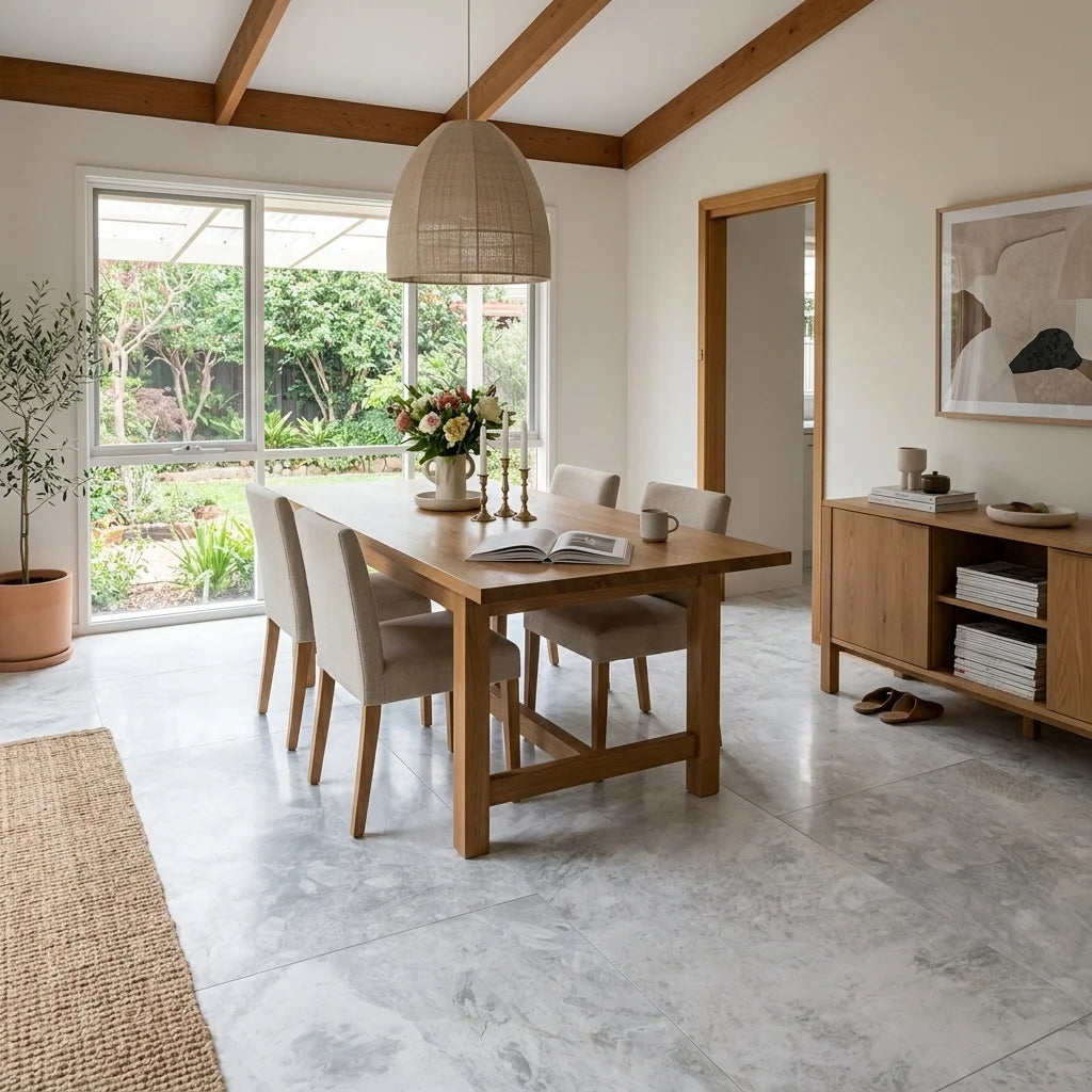 BHCA16 Nimbus White Honed Marble 914x457x15 — dining room