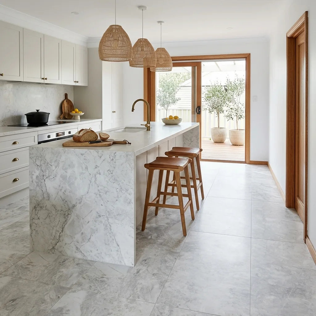 BHCA16 Nimbus White Honed Marble 914x457x15 — open-plan kitchen