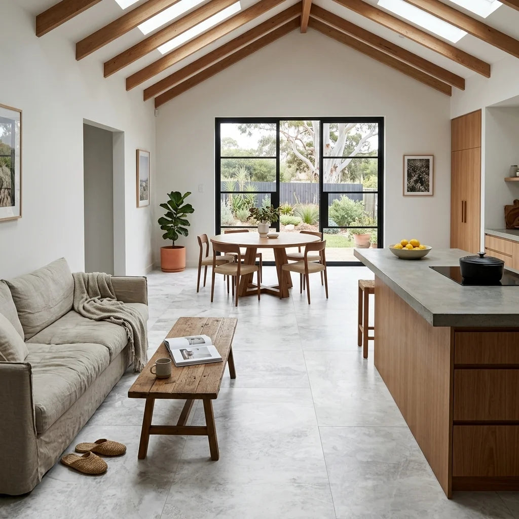 BHCA16 Nimbus White Honed Marble 914x457x15 — open-plan living + dining + kitchen