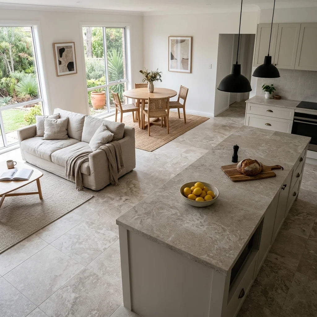 BHCA2 Classic Honed and Filled 610x610x12mm — open-plan living + dining + kitchen