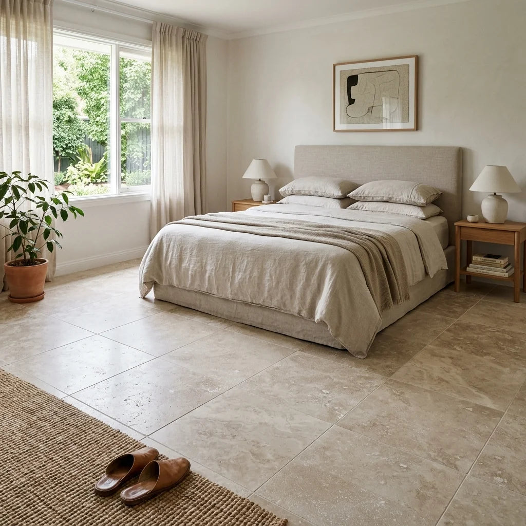 BHCA3 Natural Blend 610x610x12mm Honed and Filled Travertine — bedroom