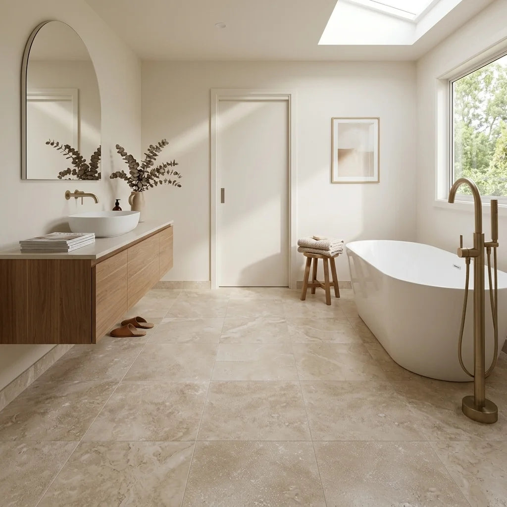 BHCA3 Natural Blend 610x610x12mm Honed and Filled Travertine — main bathroom