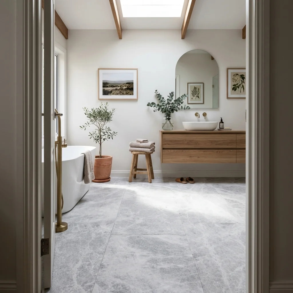 BHCA5 Tundra Grey Sandblasted Marble 610x406x30 — main bathroom