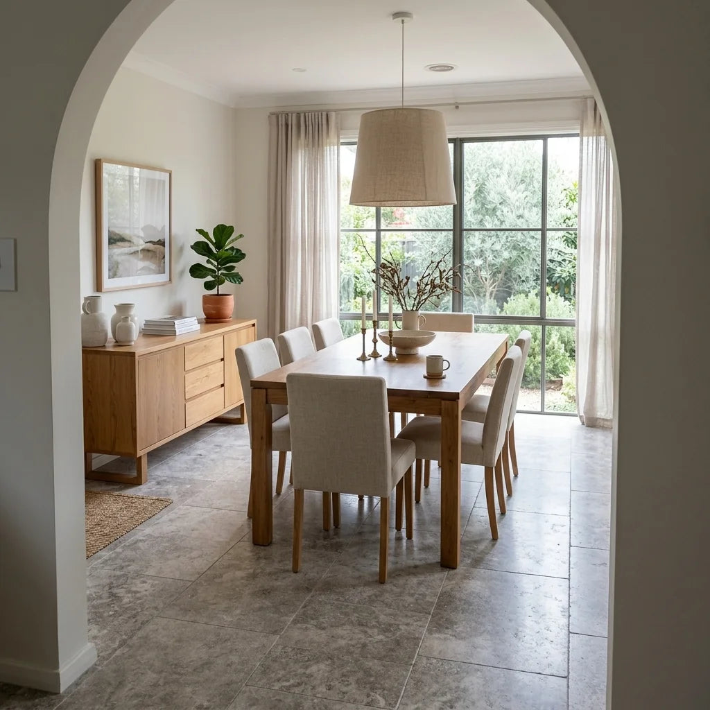 BHCA7 Silver Tumbled Travertine 610x406x12 — dining room