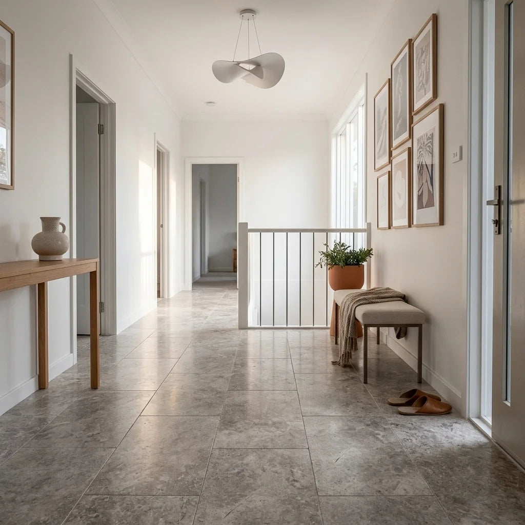 BHCA7 Silver Tumbled Travertine 610x406x12 — stair landing