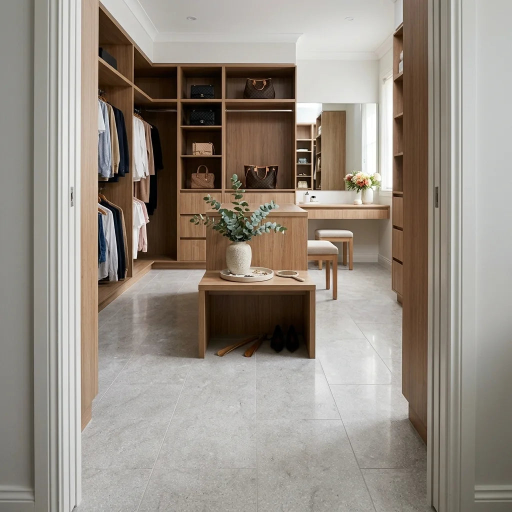 BHCA8 Flamed &amp; Tumbled Marble 610x406x12 — walk-in robe
