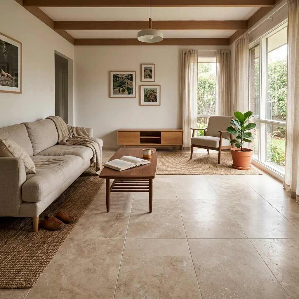 BHCA9 Natural Blend Honed &amp; Filled Travertine 610x406x12 — living room