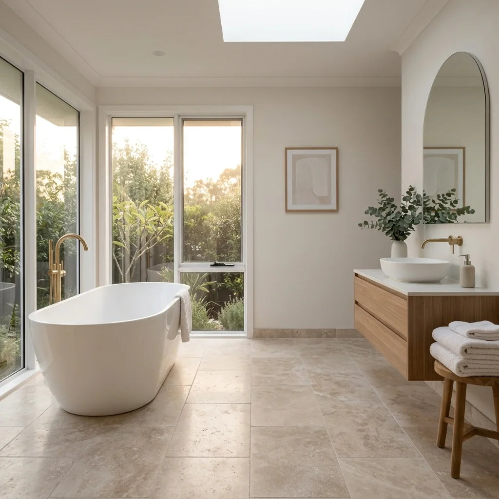 BHCA9 Natural Blend Honed &amp; Filled Travertine 610x406x12 — main bathroom