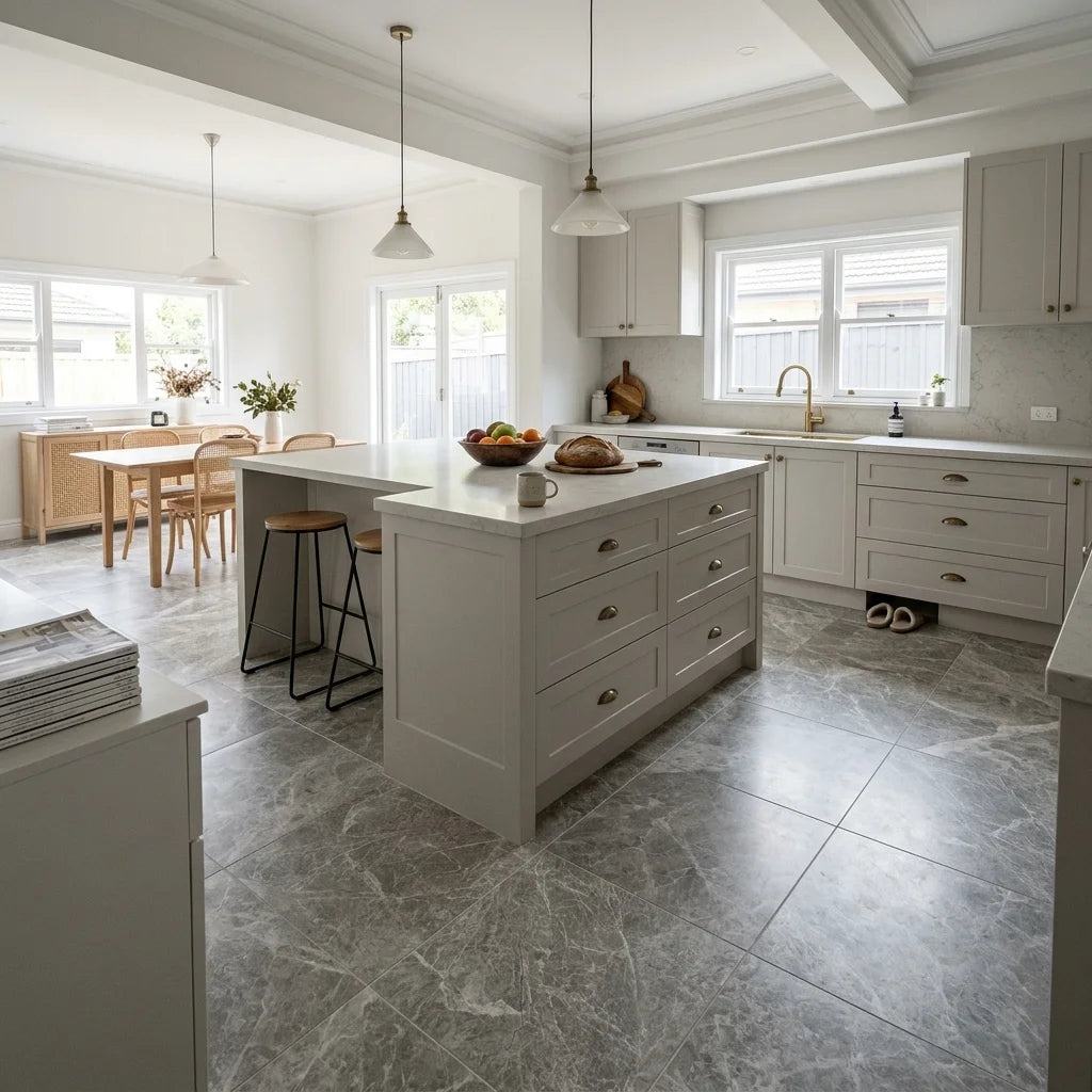 BHCI06 TUNDRA GREY STONE SATIN 600 X 600 — open-plan kitchen