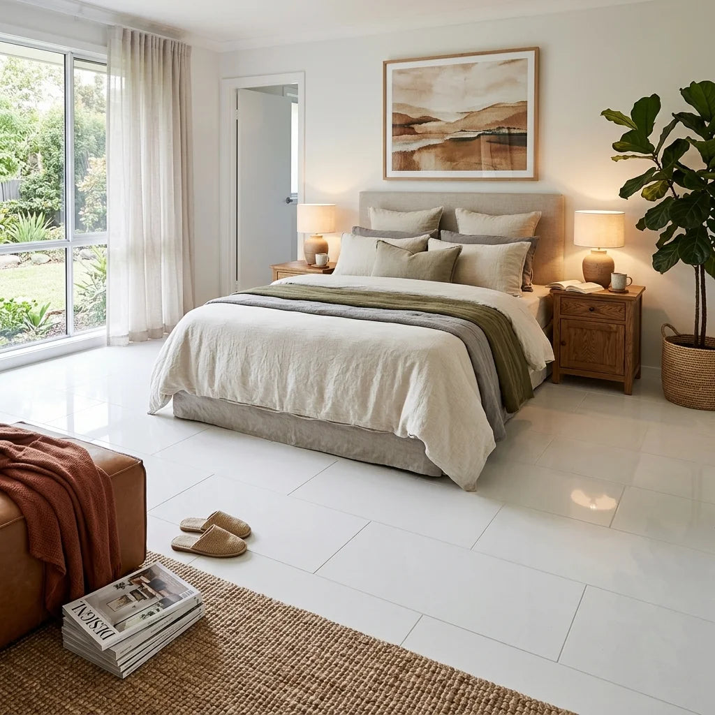 BHCN26 PLAIN WHITE TILE POLISHED 600 x 300 — bedroom