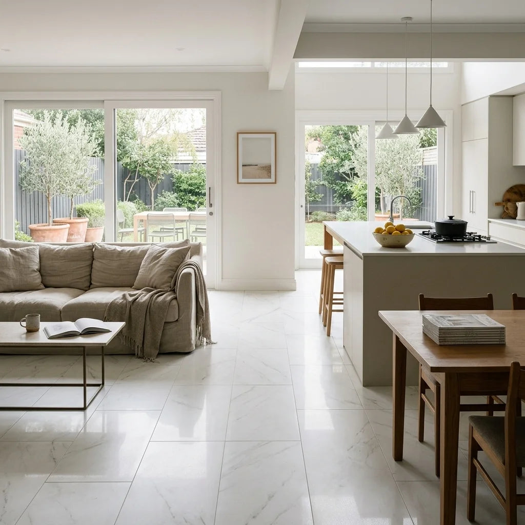 BHCN26 PLAIN WHITE TILE POLISHED 600 x 300 — open-plan living + dining + kitchen