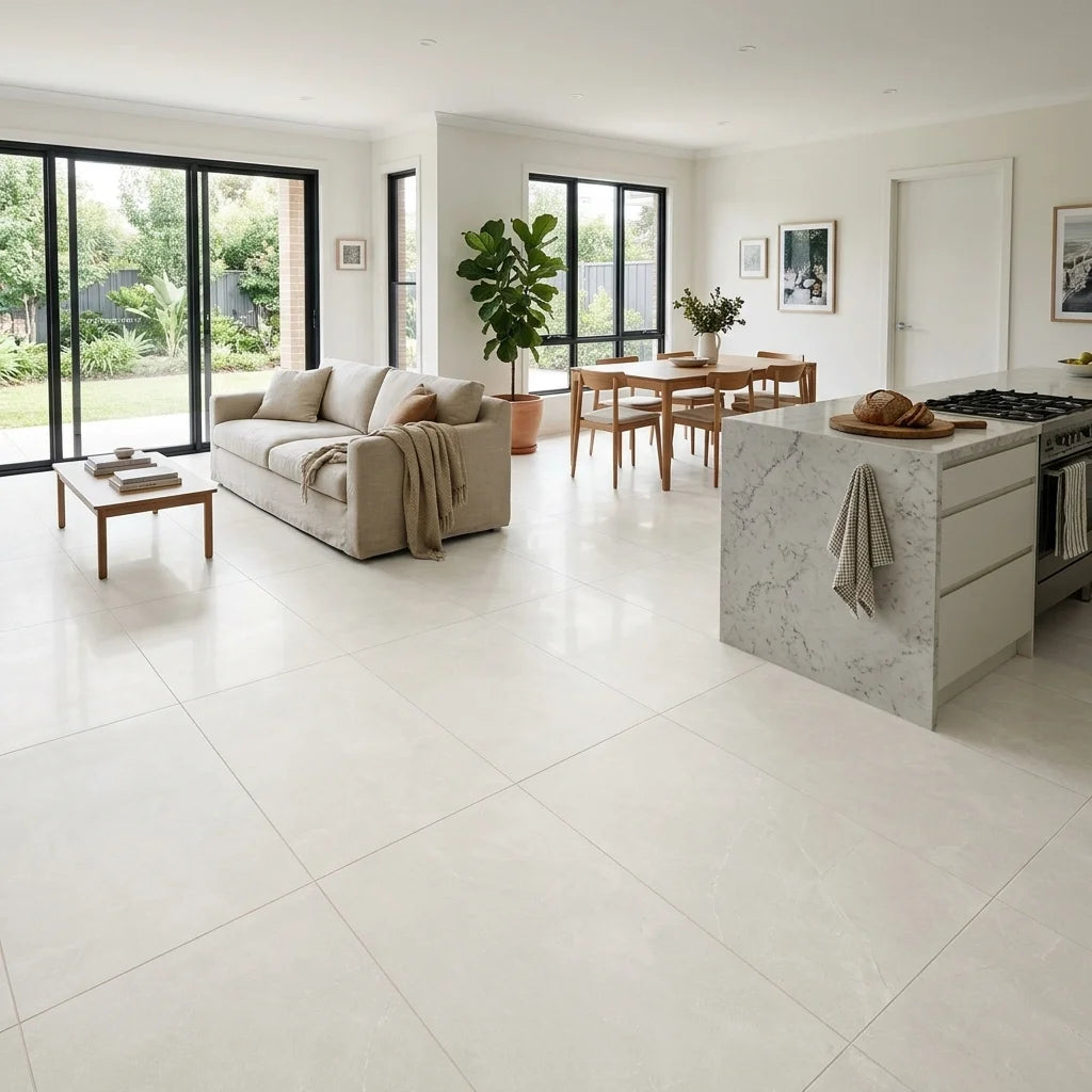 BHCS1 ELEGANT WHITE 600X600 POLISHED — open-plan living + dining + kitchen