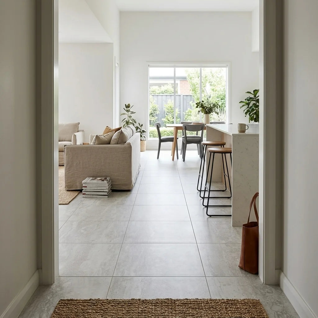 BHCS103 CANE NAVONA 600X600 SMOOTH GRIP — open-plan living + dining + kitchen