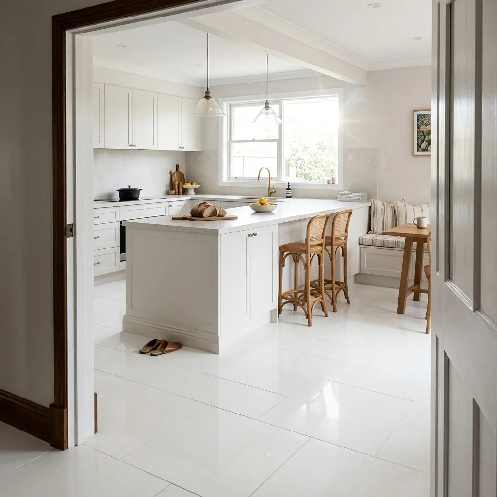 BHCS112 SUPER WHITE 600x600 POLISHED — open-plan kitchen