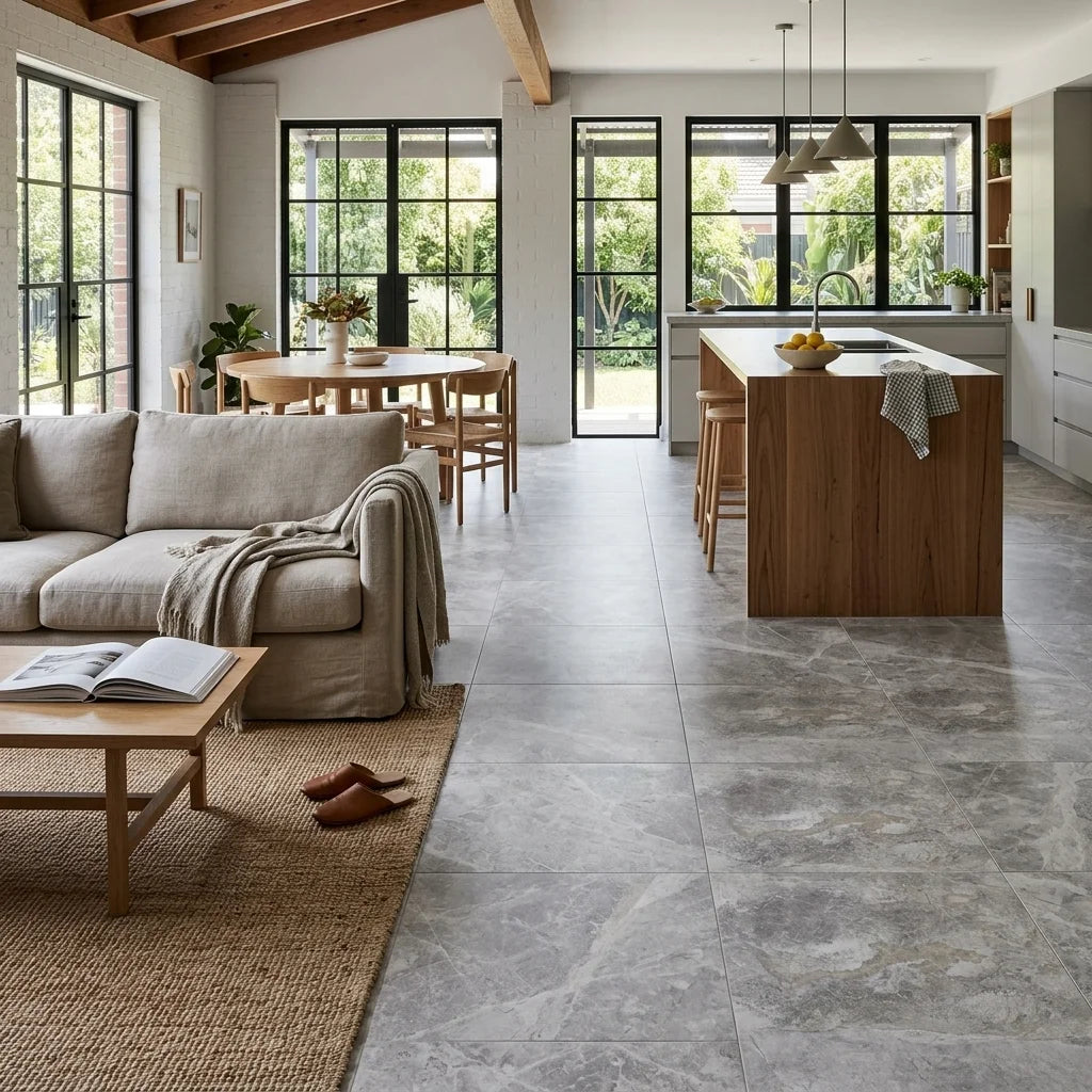 BHCS118 PARADISE TUNDRA GREY 600X600 MATT — open-plan living + dining + kitchen
