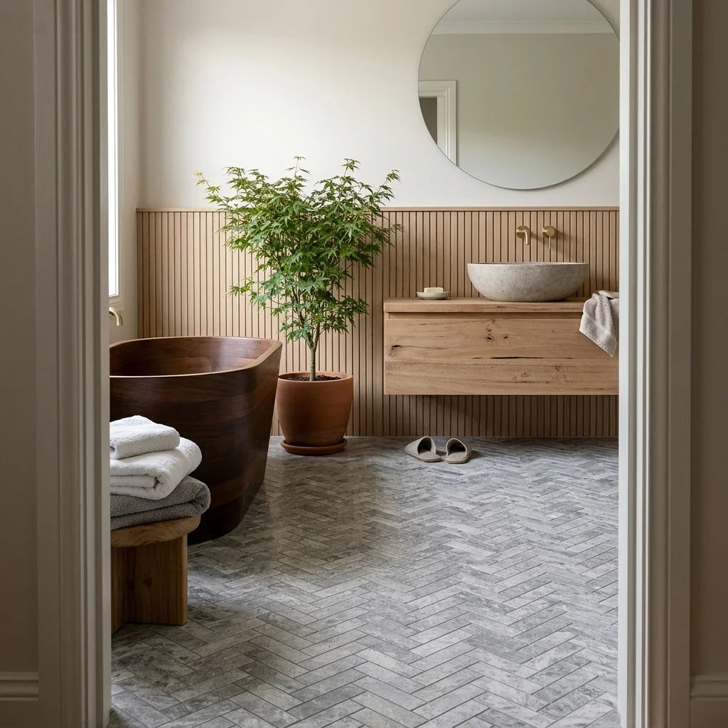 BHCS119 PARADISE TUNDRA GREY CHEVRON MOSAIC — Japanese-inspired ensuite