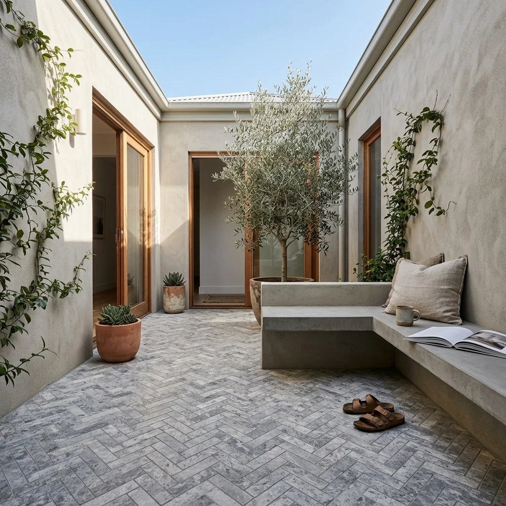 BHCS119 PARADISE TUNDRA GREY CHEVRON MOSAIC — courtyard